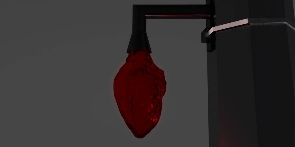 Art piece "The Eternal Debate of the Unconcious Mind" in 2016 by Alise Stopina. Blood red heart shaped blown glass, with heart beat pulsiating red light in them. 3D modeling, how it would appear in real life.
